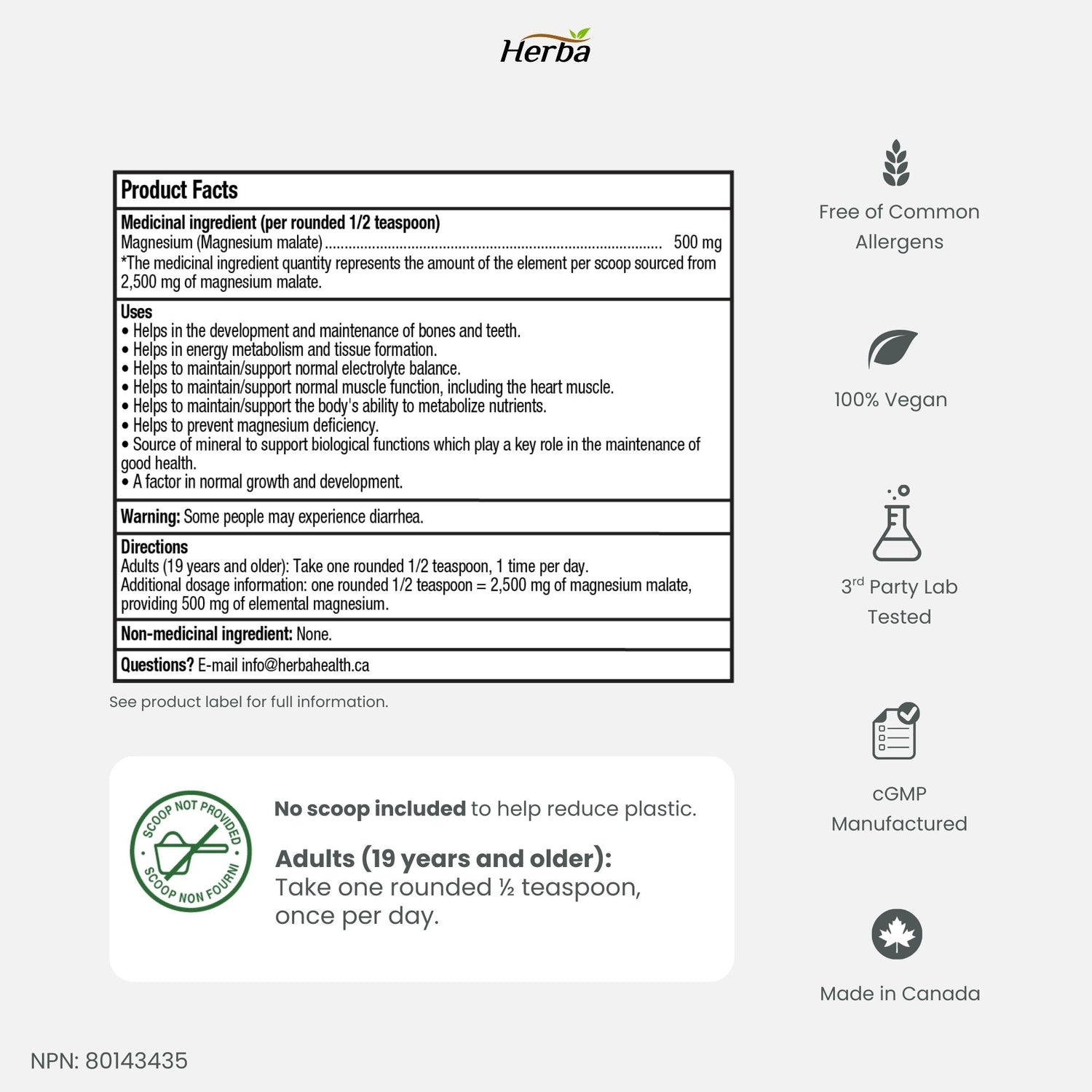 Poudre de Malate de Magnésium 300g – 120 Portions | Approvisionnement de 4 Mois | 100% Pur Malate de Magnésium Naturel | Fabriqué au Canada