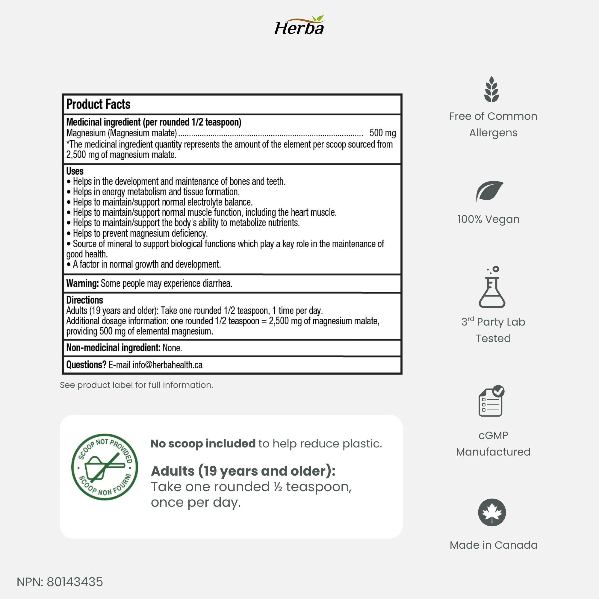 Poudre de Malate de Magnésium 300g – 120 Portions | Approvisionnement de 4 Mois | 100% Pur Malate de Magnésium Naturel | Fabriqué au Canada