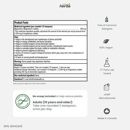 Poudre de Malate de Magnésium 300g – 120 Portions | Approvisionnement de 4 Mois | 100% Pur Malate de Magnésium Naturel | Fabriqué au Canada