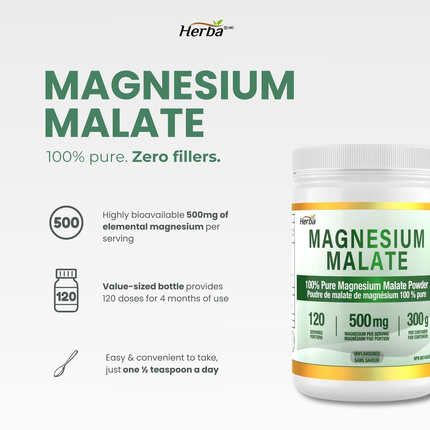 Poudre de Malate de Magnésium 300g – 120 Portions | Approvisionnement de 4 Mois | 100% Pur Malate de Magnésium Naturel | Fabriqué au Canada