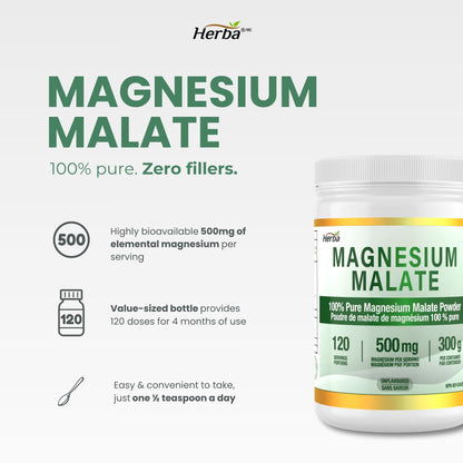 Poudre de Malate de Magnésium 300g – 120 Portions | Approvisionnement de 4 Mois | 100% Pur Malate de Magnésium Naturel | Fabriqué au Canada