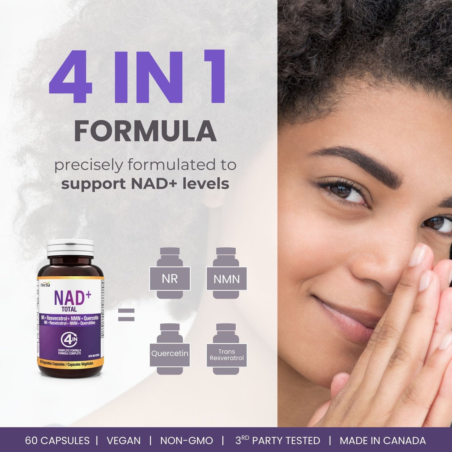 NAD+ Supplement 550mg – 60 Capsules | 4-in-1 NAD Plus Total with Nicotinamide Riboside (NR), β-NMN, Resveratrol &amp; Quercetin | Made in Canada