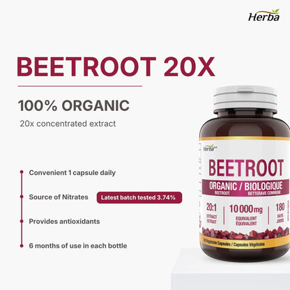 Supplément de racine de betterave biologique - 180 Capsules | Équivalent à 10 000 mg - Extrait de betterave 20:1 | Fabriqué au Canada