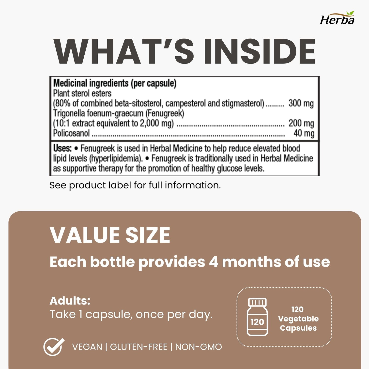 Policosanol 40mg with Fenugreek and Plant Sterol Esters - 120 Vegetable Capsules