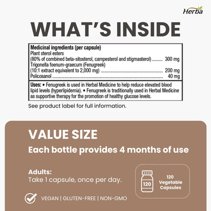 Policosanol 40mg with Fenugreek and Plant Sterol Esters - 120 Vegetable Capsules