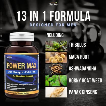Power Max - 60 Capsules | Tongkat Ali, Maca, Tribulus, Panax Ginseng and 9 Other Ingredients