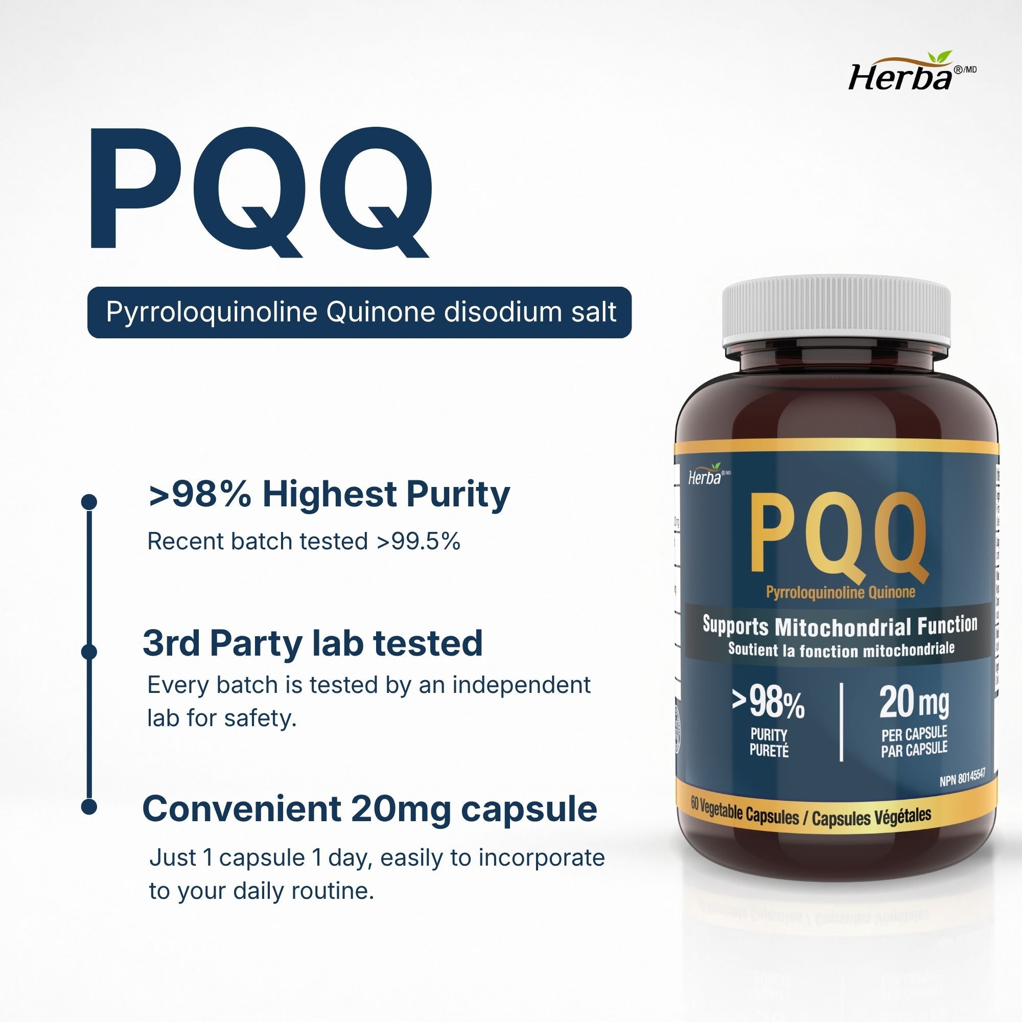 PQQ Supplement 20mg - 60 Capsules | Made in Canada