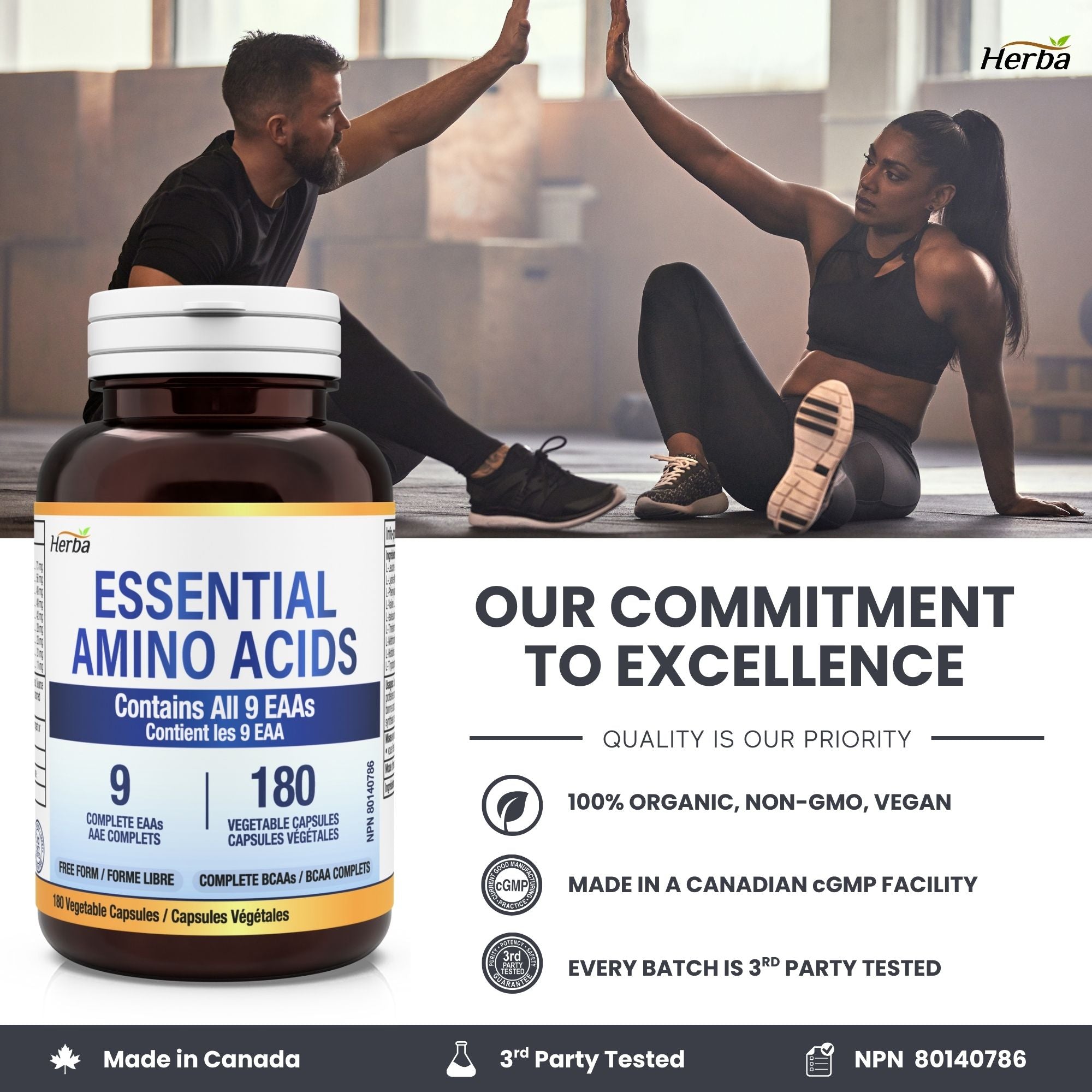 Essential Amino Acids Supplement – 180 Capsules | All 9 EAA Supplement in Free Form | Made in Canada