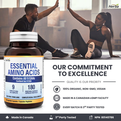 Essential Amino Acids Supplement – 180 Capsules | All 9 EAA Supplement in Free Form | Made in Canada