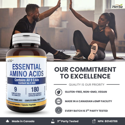 Essential Amino Acids Supplement – 180 Capsules | All 9 EAA Supplement in Free Form | Made in Canada