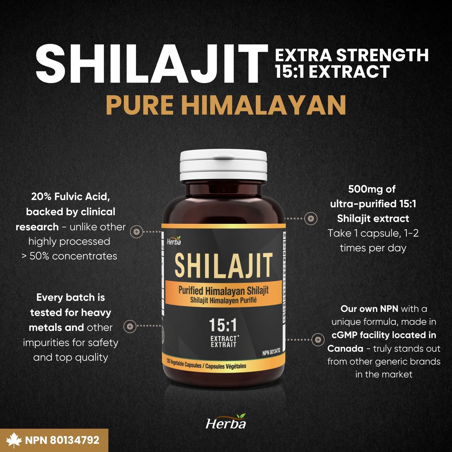 Himalayan Shilajit for Women &amp; Men – 120 Capsules | 1000mg Per Serving (500mg Each) | 15:1 Extract | Fulvic Acid Supplement | Made in Canada