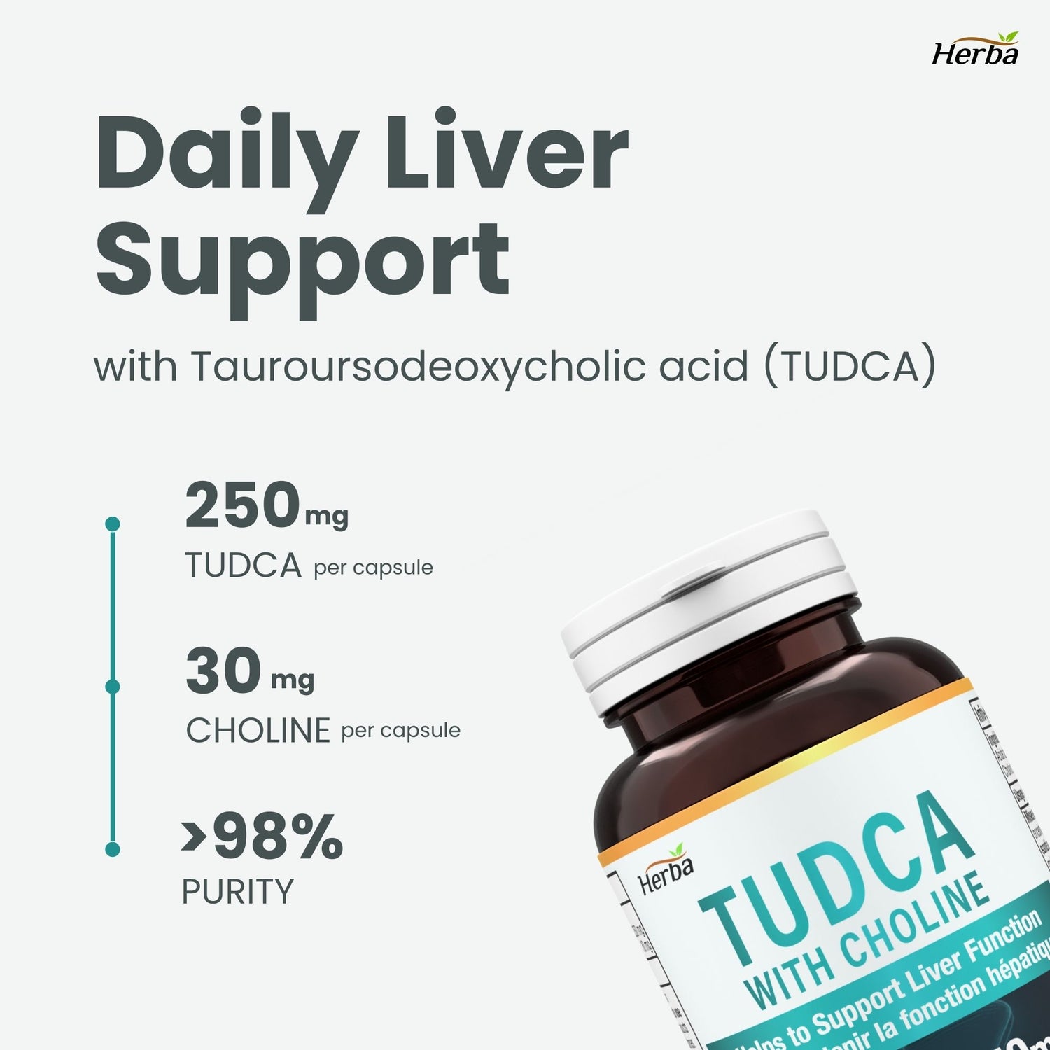 TUDCA Supplement for Liver – 30 Capsules | >98% Purity | Purified Bile Salts Supplements | 250mg TUDCA + Choline | Made in Canada