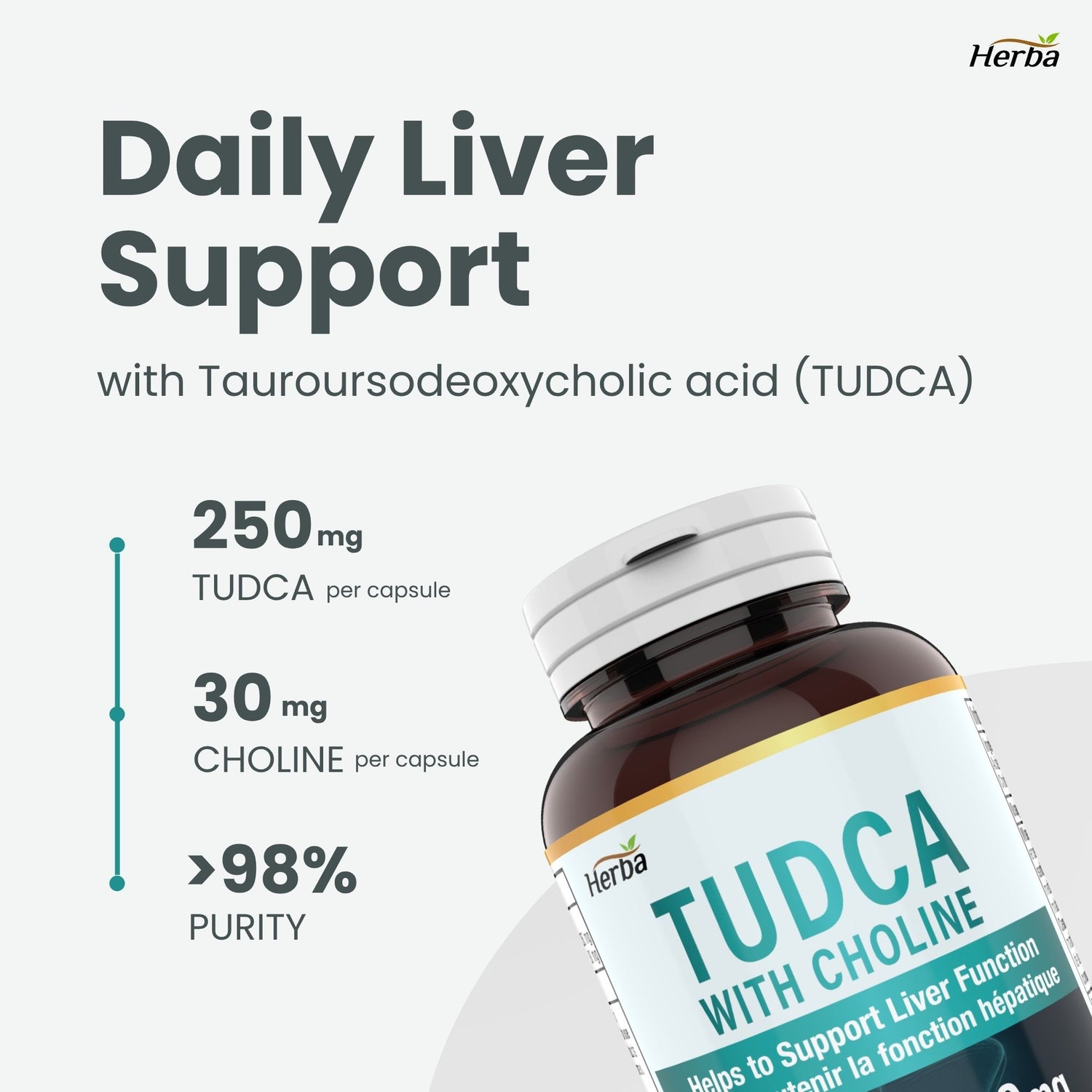 TUDCA Supplement for Liver – 30 Capsules | >98% Purity | Purified Bile Salts Supplements | 250mg TUDCA + Choline | Made in Canada