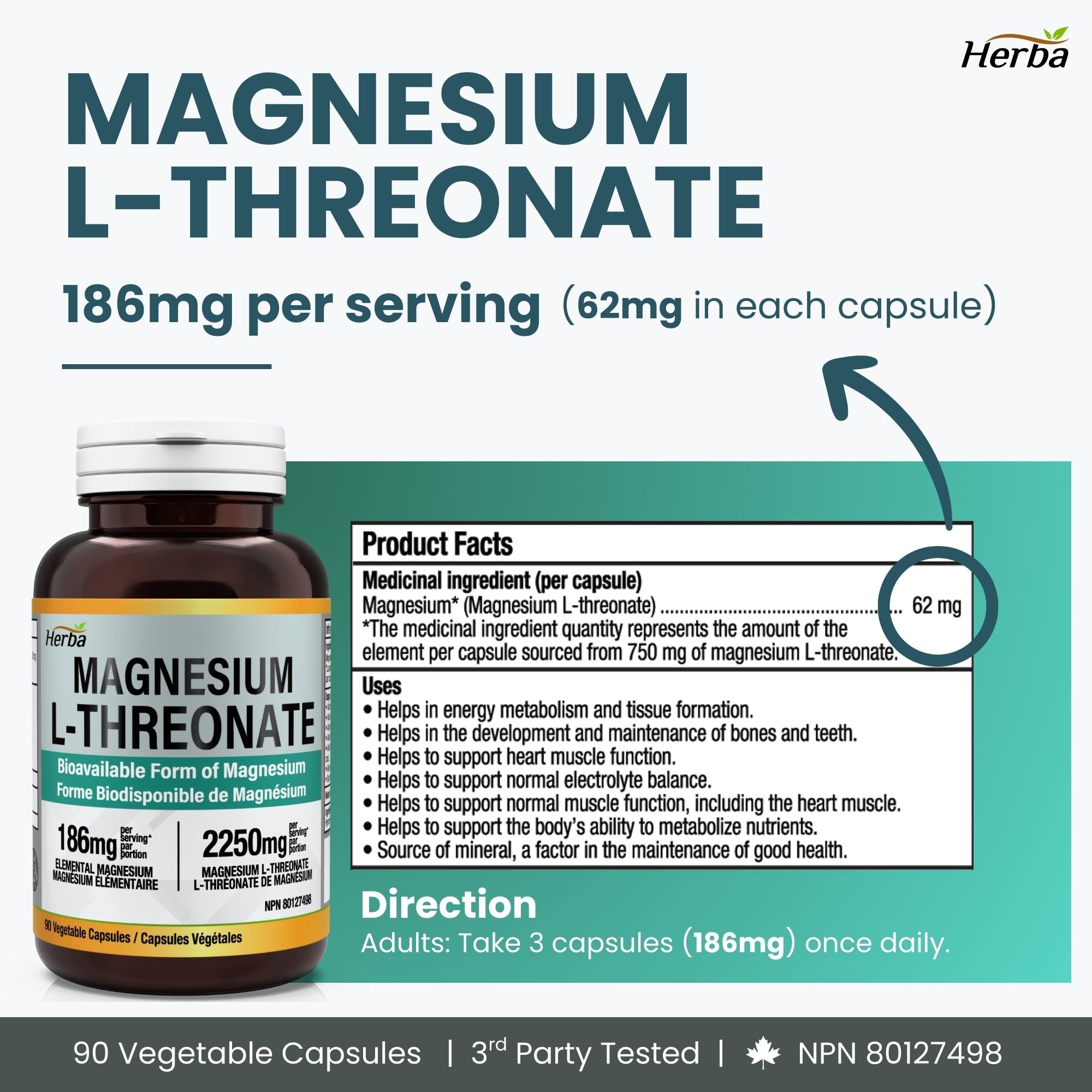 Magnesium L-Threonate Supplement – 186mg | Made in Canada | 90 Vegetable Capsules