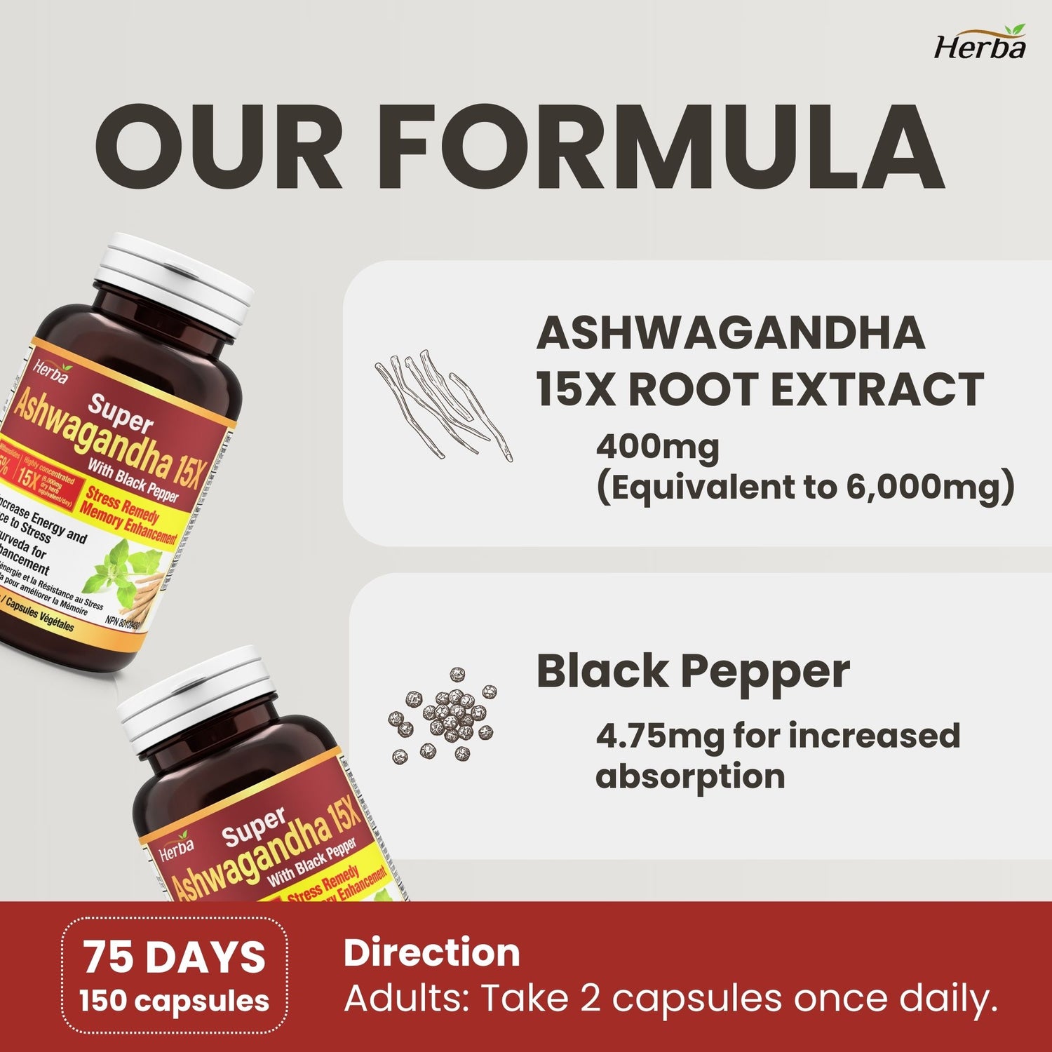 Ashwagandha Supplement - 150 Capsules | Made in Canada | 6000mg Dry Powder Equivalent Per Day