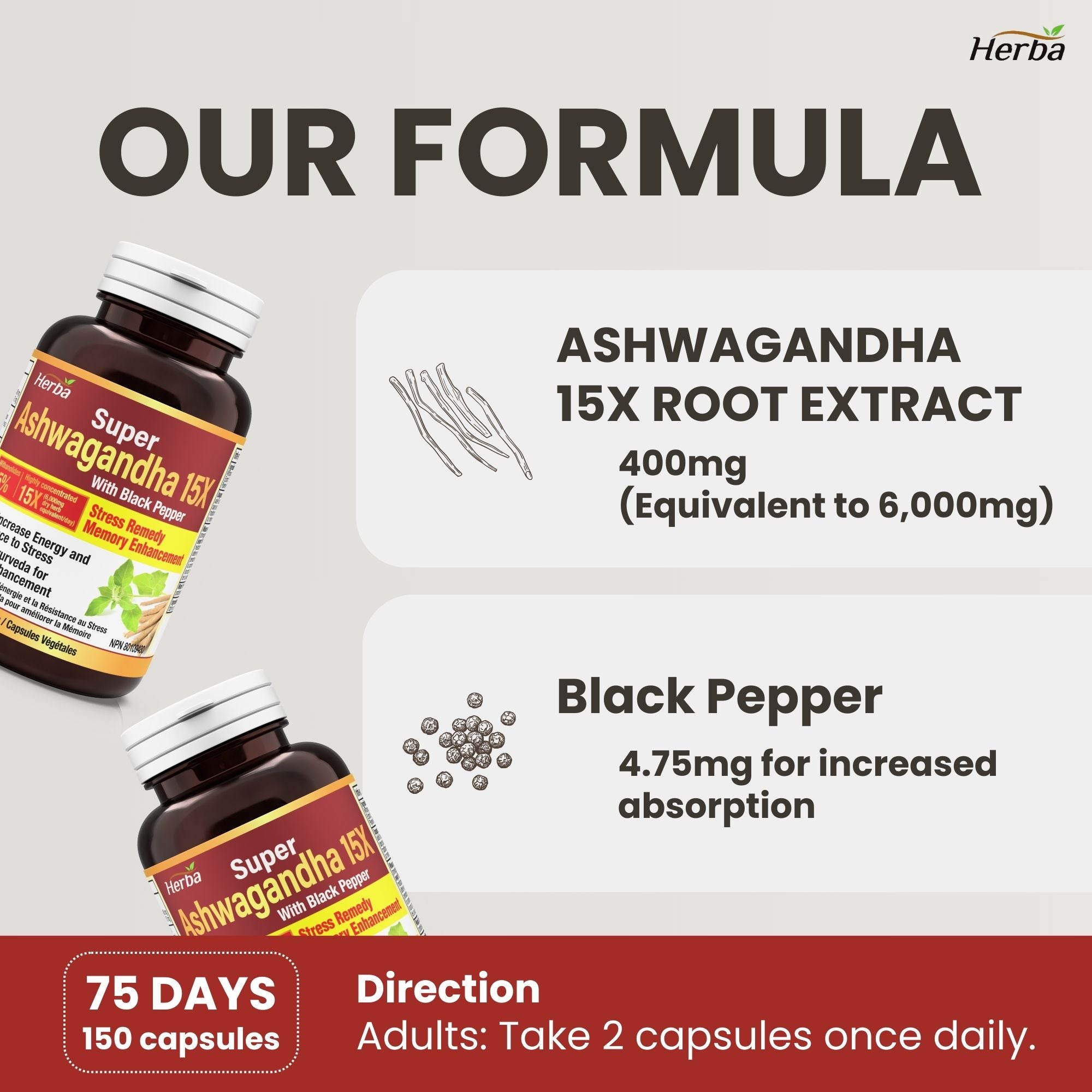 Ashwagandha Supplement - 150 Capsules | Made in Canada | 6000mg Dry Powder Equivalent Per Day