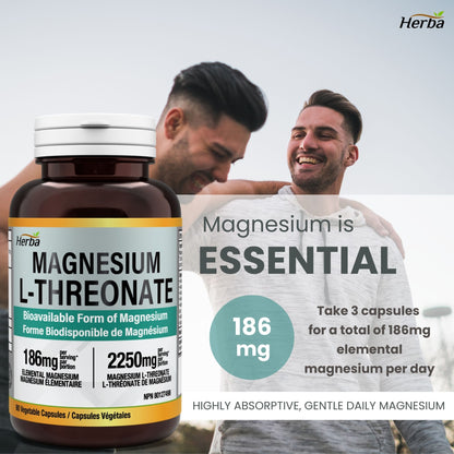 Magnesium L-Threonate Supplement – 186mg | Made in Canada | 90 Vegetable Capsules