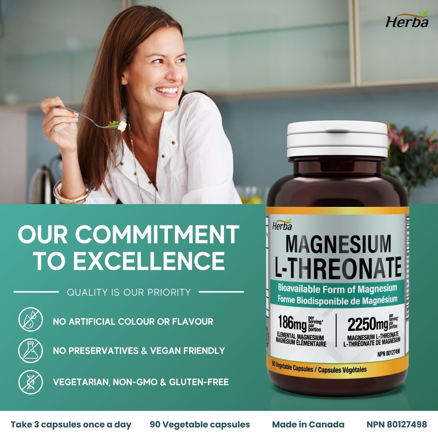 Magnesium L-Threonate Supplement – 186mg | Made in Canada | 90 Vegetable Capsules