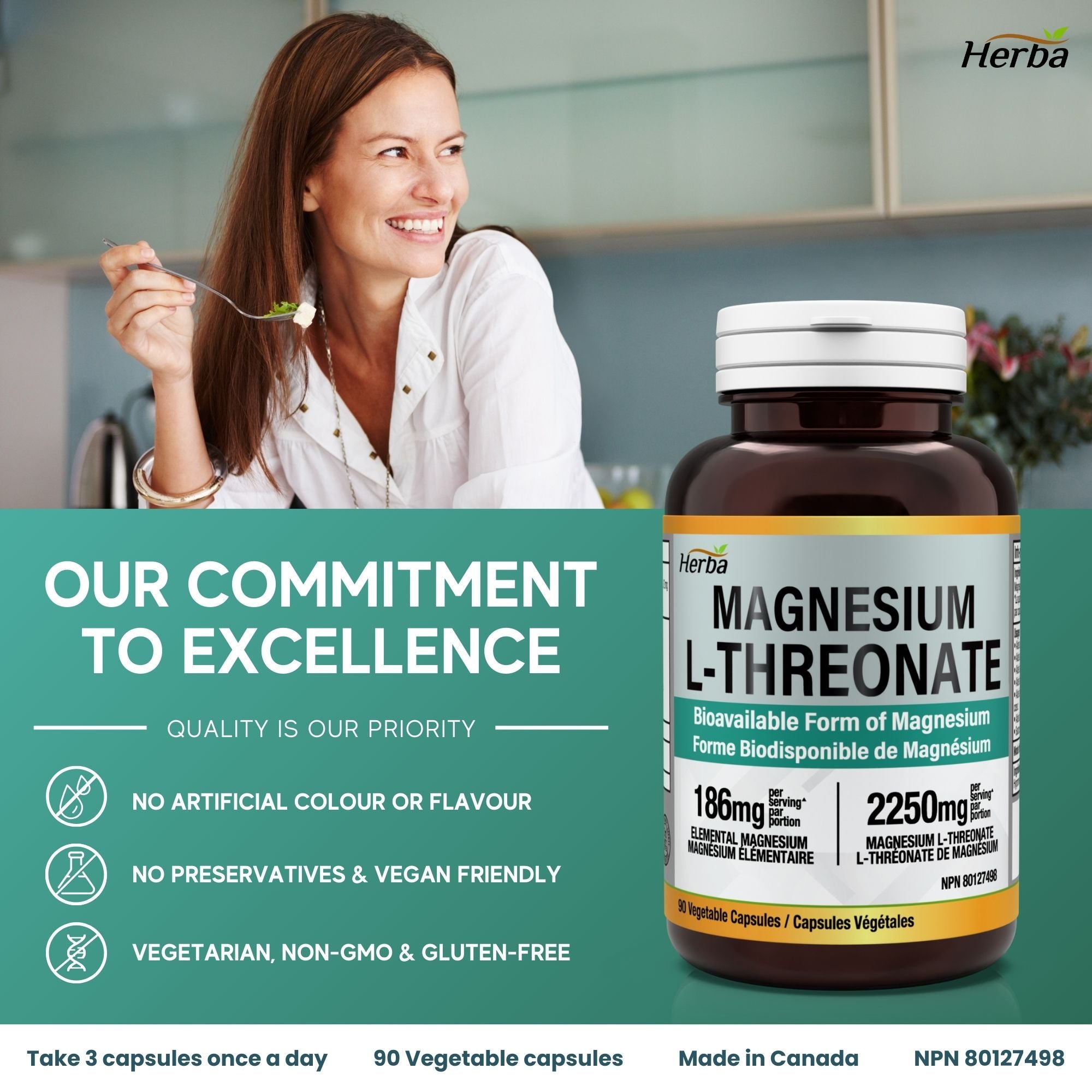Magnesium L-Threonate Supplement – 186mg | Made in Canada | 90 Vegetable Capsules