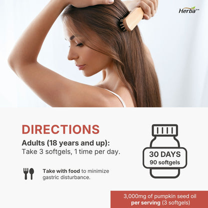 Pumpkin Seed Oil Capsules for Hair - 90 Softgels | 3 in 1 with Saw Palmetto and Biotin | Made in Canada