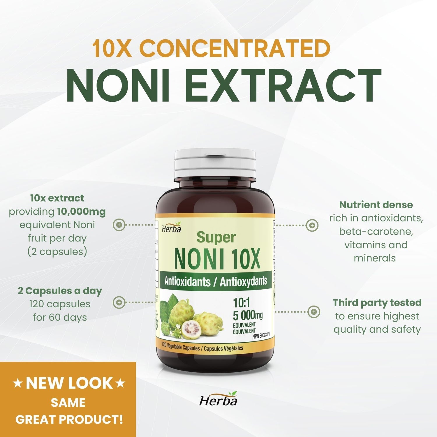 Natural Noni Capsules 10X - 120 Vegan Capsules | 10,000mg Per Day | 10:1 Concentration