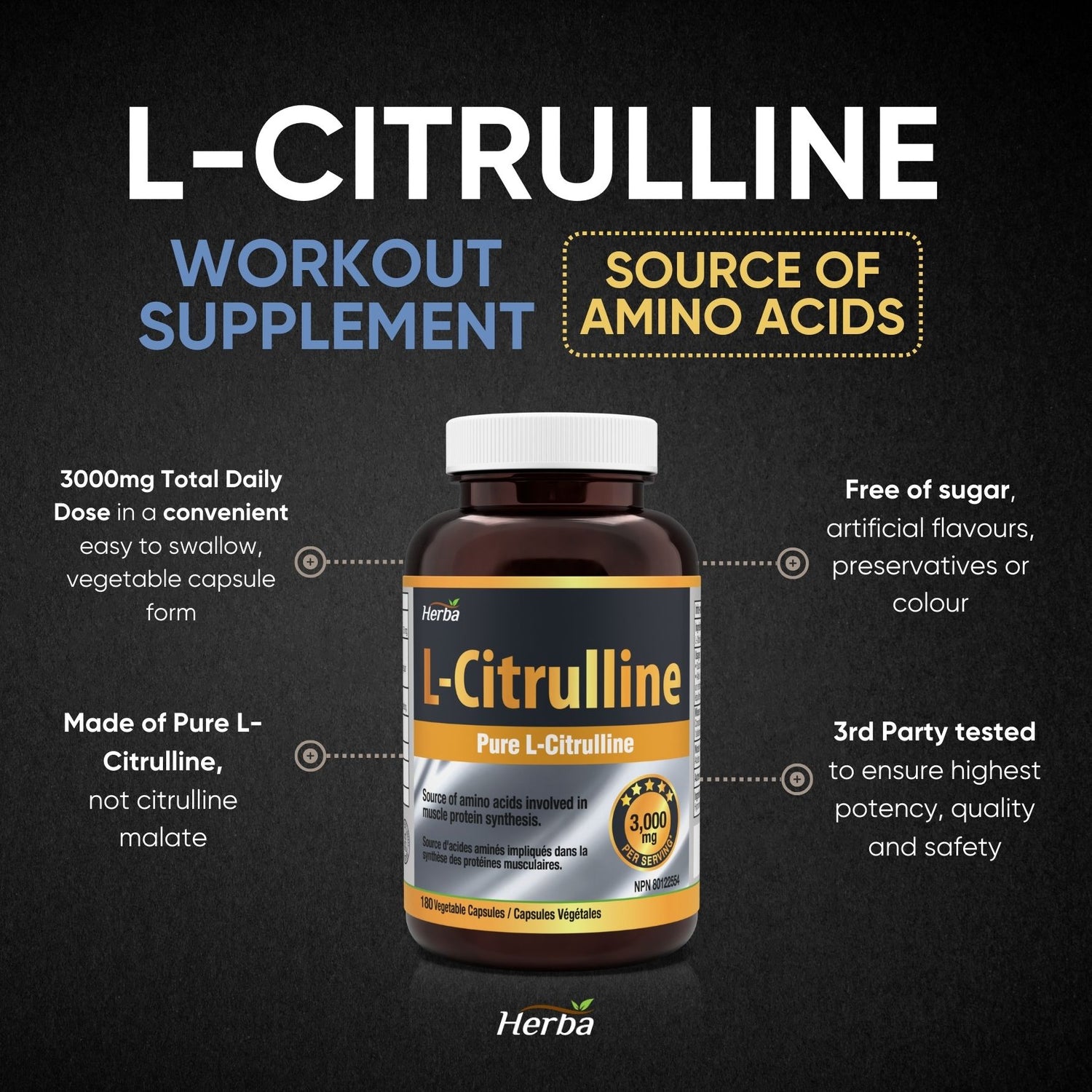 L-Citrulline Supplement 750mg – 180 Vegetable Capsules | Made in Canada