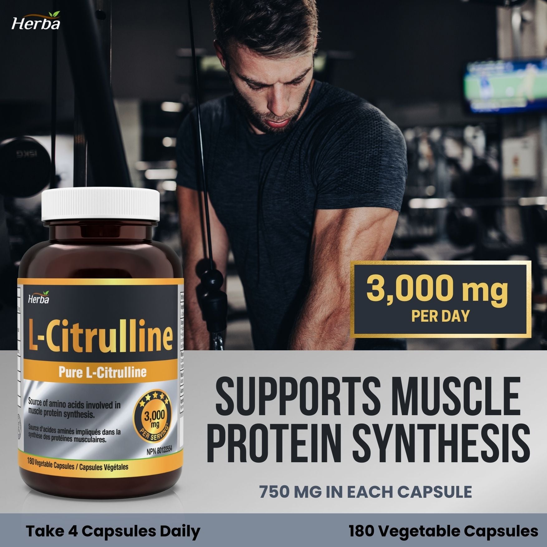L-Citrulline Supplement 750mg – 180 Vegetable Capsules | Made in Canada