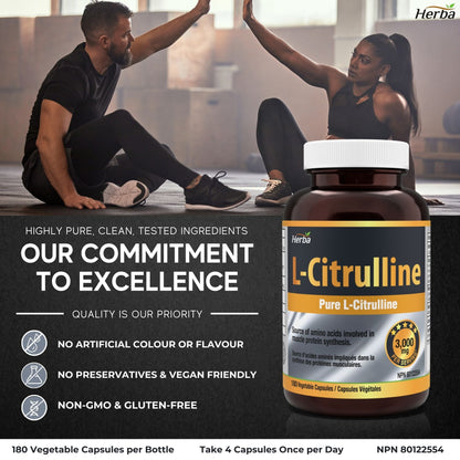 L-Citrulline Supplement 750mg – 180 Vegetable Capsules | Made in Canada