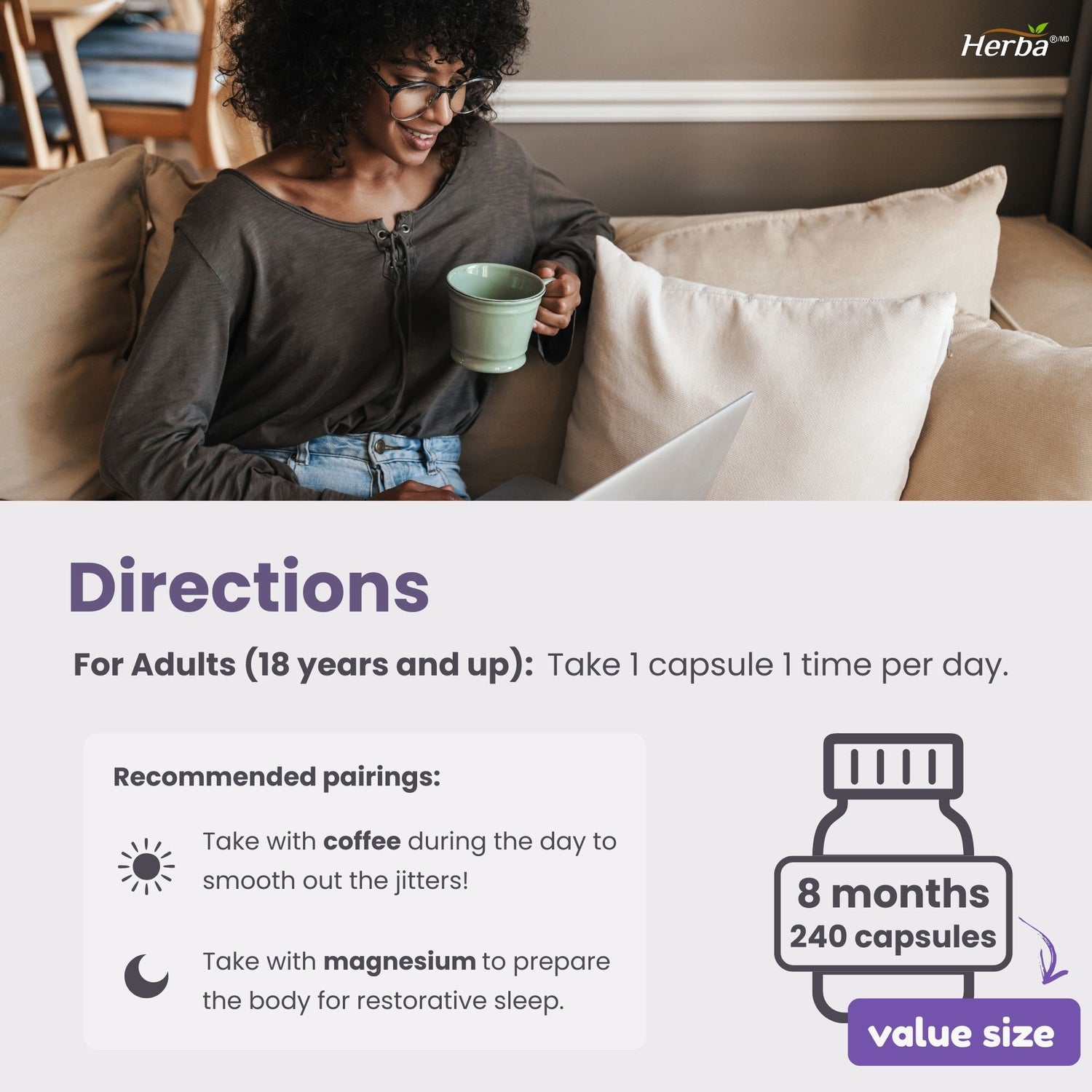 Herba L-Theanine Supplement 250mg – 240 Capsules | Promotes Relaxation Without Drowsiness | Anxiety Relief Support | 8 Month Supply | Made in Canada