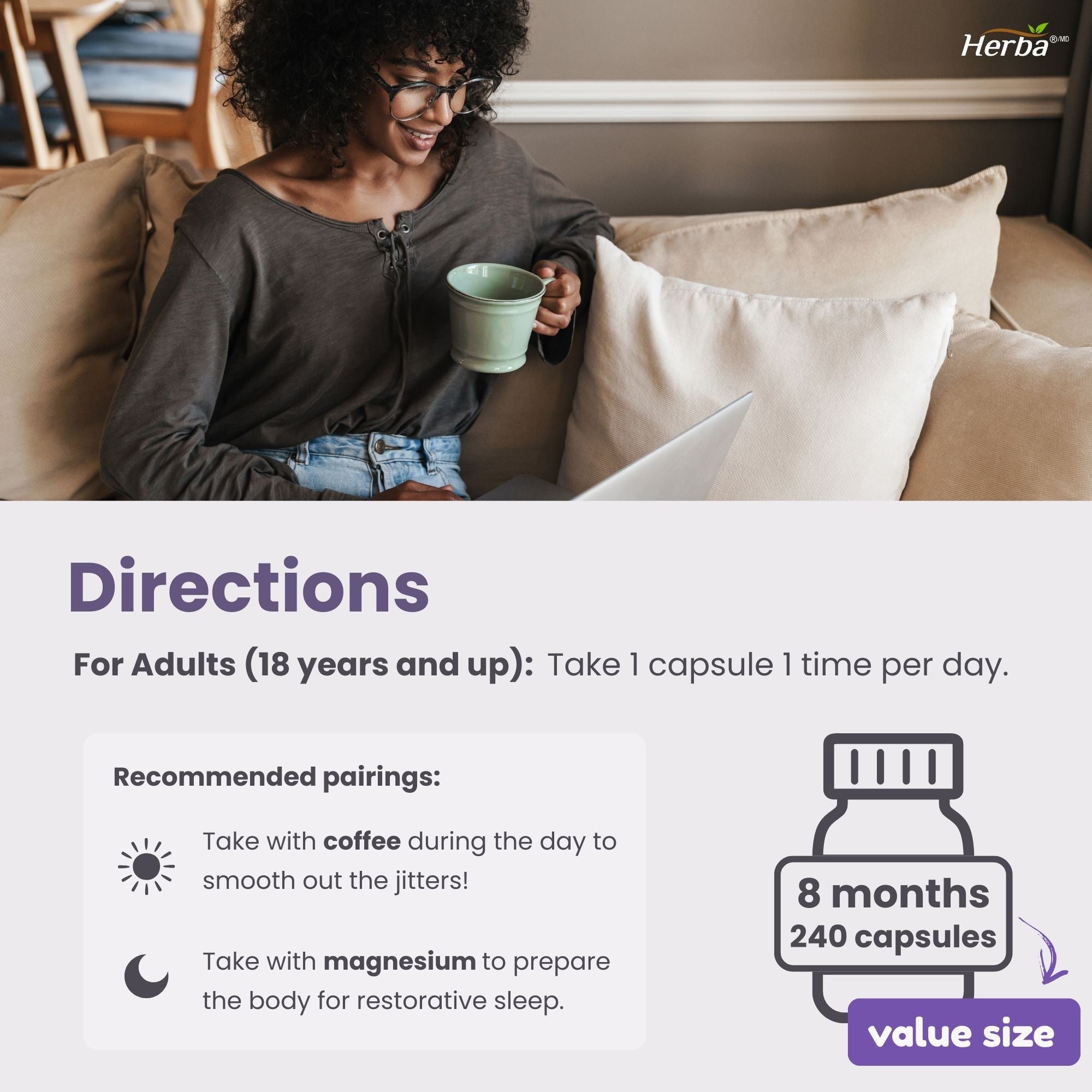 Herba L-Theanine Supplement 250mg – 240 Capsules | Promotes Relaxation Without Drowsiness | Anxiety Relief Support | 8 Month Supply | Made in Canada