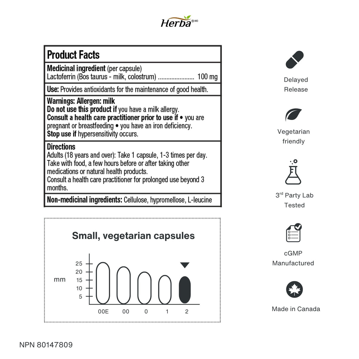 Lactoferrin Supplement 100mg - 90 DR Capsules | Made in Canada