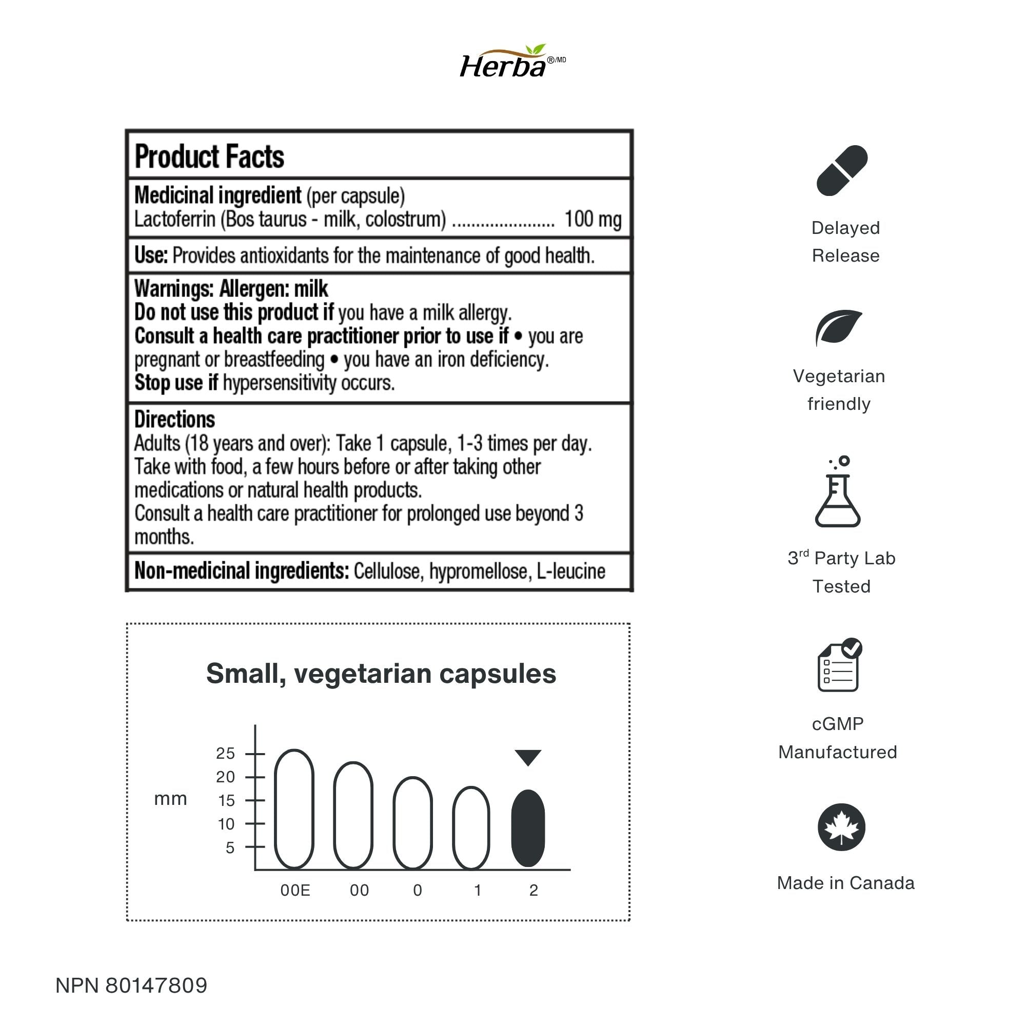 Lactoferrin Supplement 100mg - 90 DR Capsules | Made in Canada