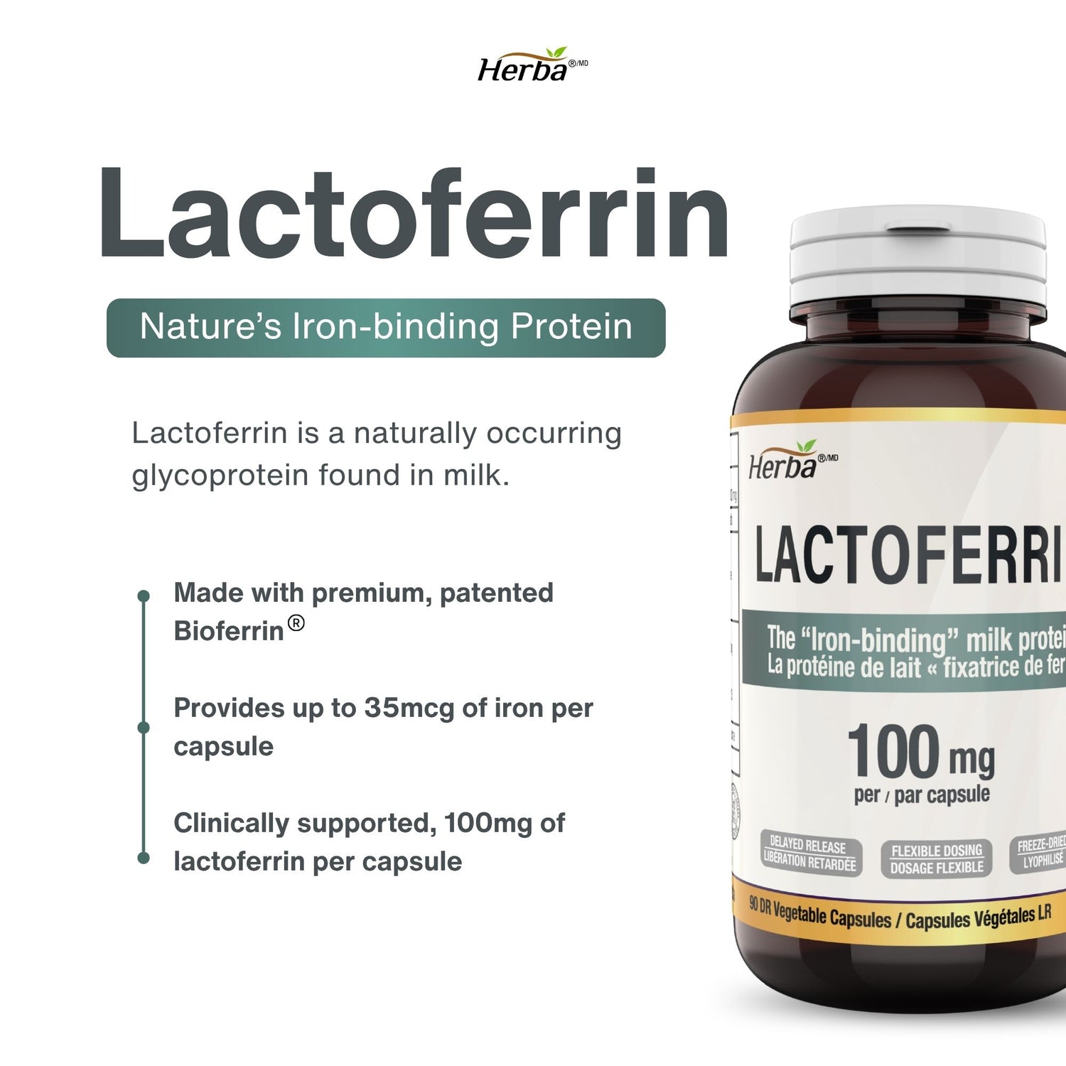 Lactoferrin Supplement 100mg - 90 DR Capsules | Made in Canada