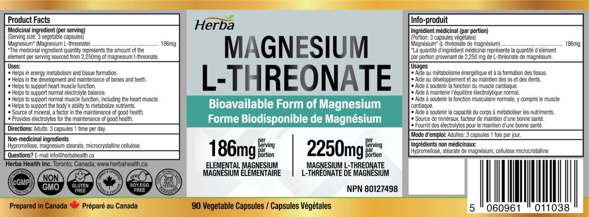 Magnesium L-Threonate Supplement – 186mg | Made in Canada | 90 Vegetab ...