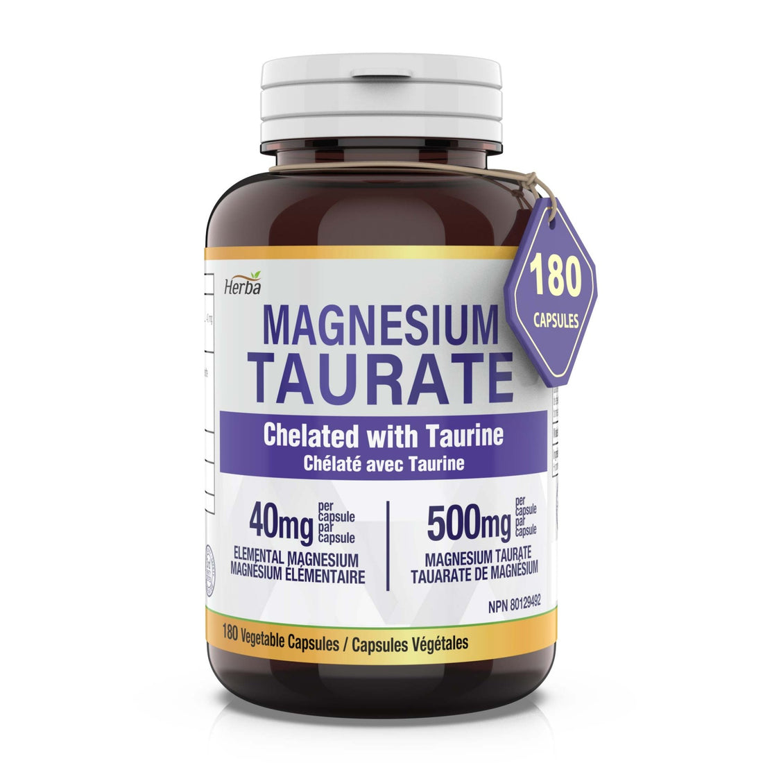 Magnesium Taurate Supplement 500mg - 180 Capsules | Made in Canada - Herba