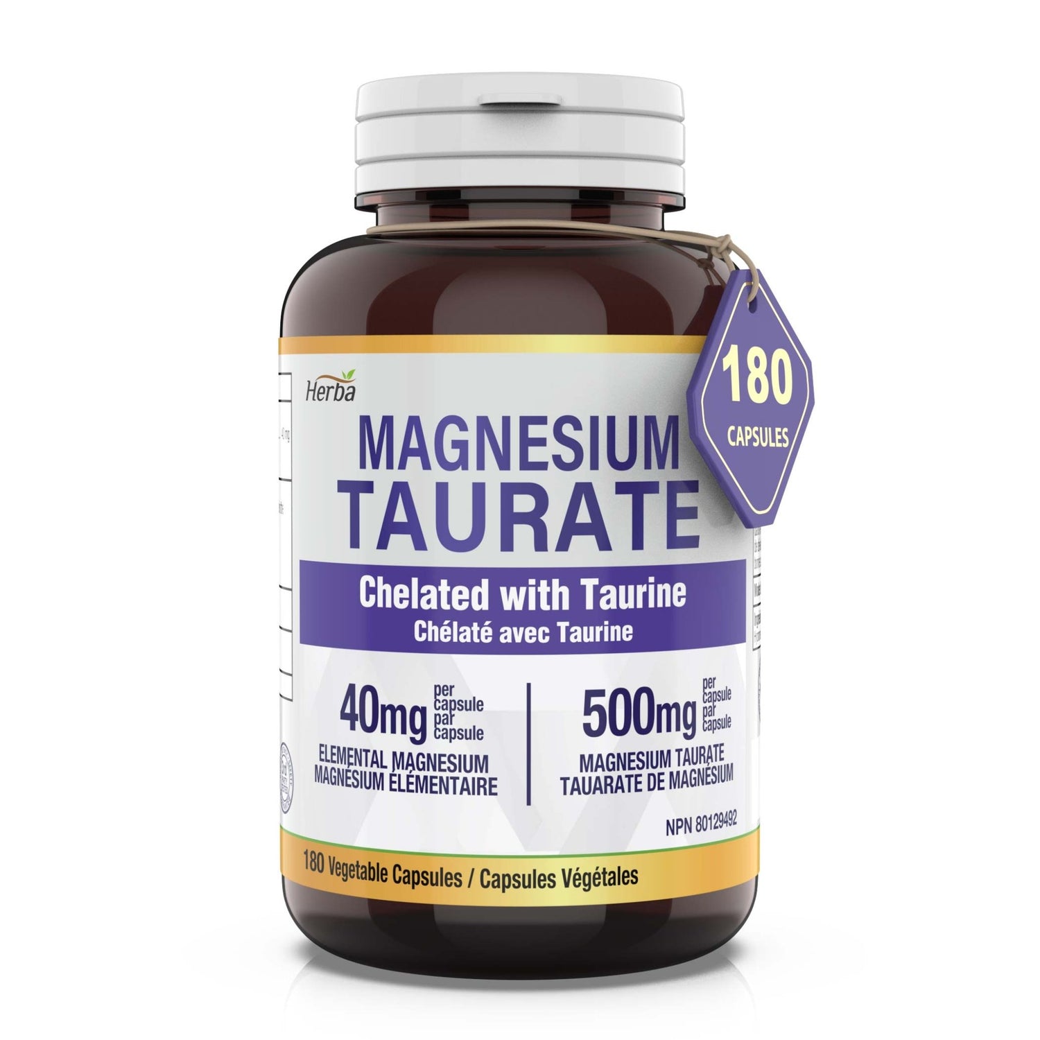 Magnesium Taurate Supplement 500mg - 180 Capsules | Made in Canada - Herba