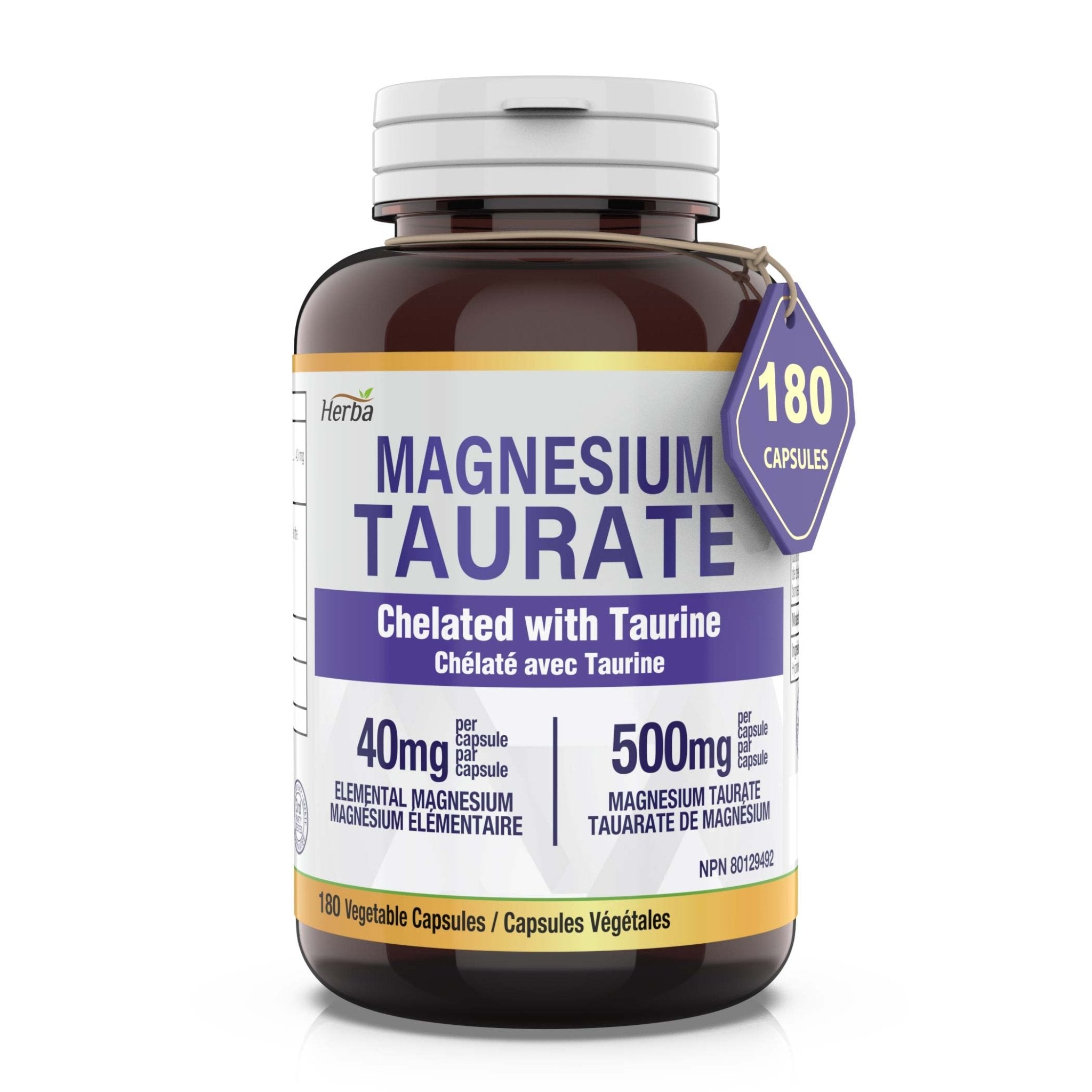 Magnesium Taurate Supplement 500mg - 180 Capsules | Made in Canada - Herba