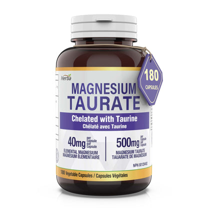 Magnesium Taurate Supplement 500mg - 180 Capsules | Made in Canada - Herba