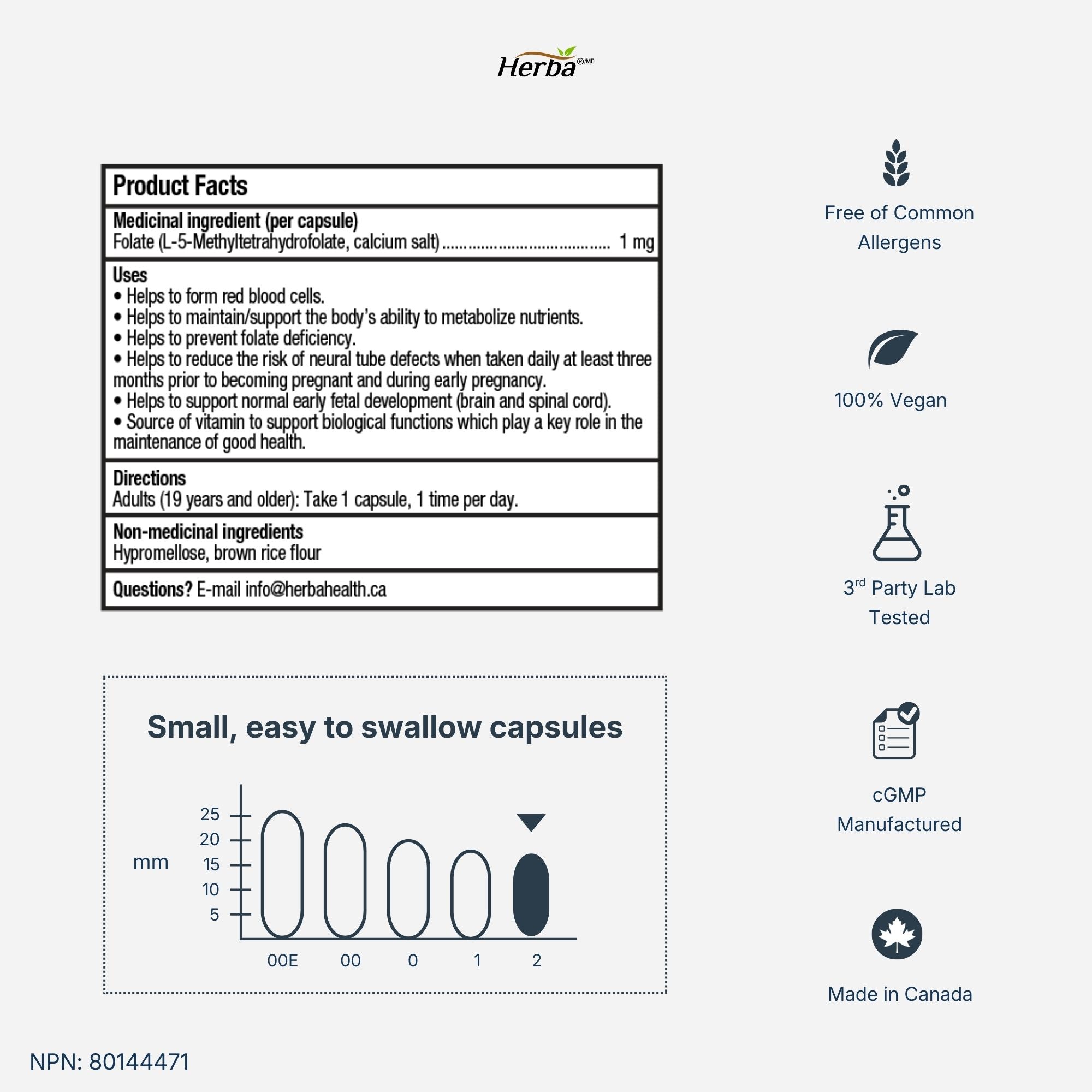 L-Methylfolate 1000mcg - 180 Capsules | Vitamin B9 5-MTHF Folate Supplement | Made in Canada