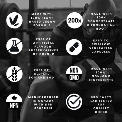 Tongkat Ali Supplement 200:1 - Made in Canada | 120 Capsules | Proprietary Blend including 10,000mg Equivalent of Tongkat Ali Extract
