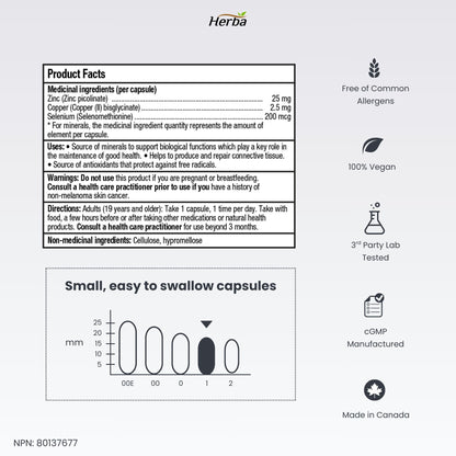 Zinc Copper Selenium Supplement - 180 Capsules | Made in Canada