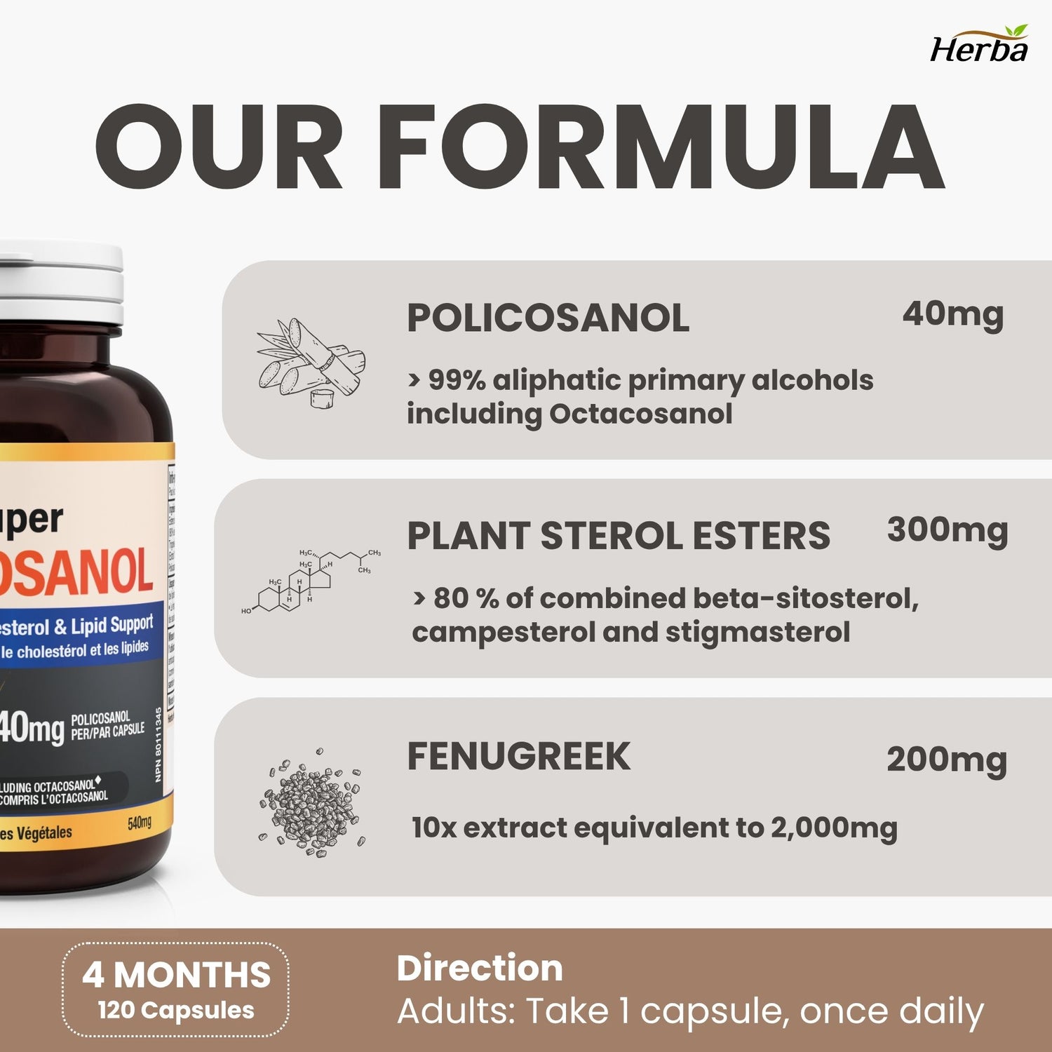 Policosanol 40mg with Fenugreek and Plant Sterol Esters - 120 Vegetable Capsules