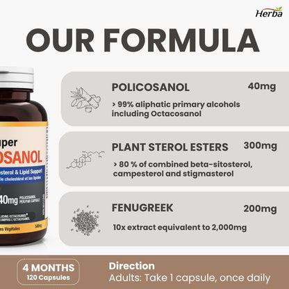 Policosanol 40mg with Fenugreek and Plant Sterol Esters - 120 Vegetable Capsules