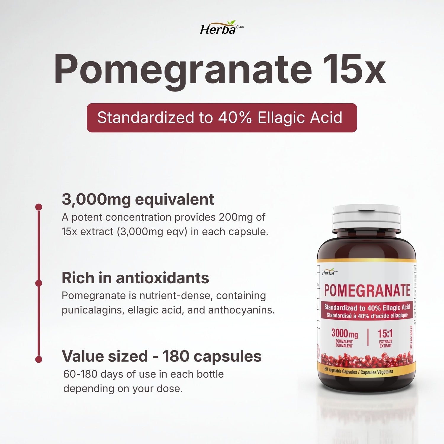 Pomegranate Supplement 3000mg – 180 Capsules | 40% Ellagic Acid | Made in Canada