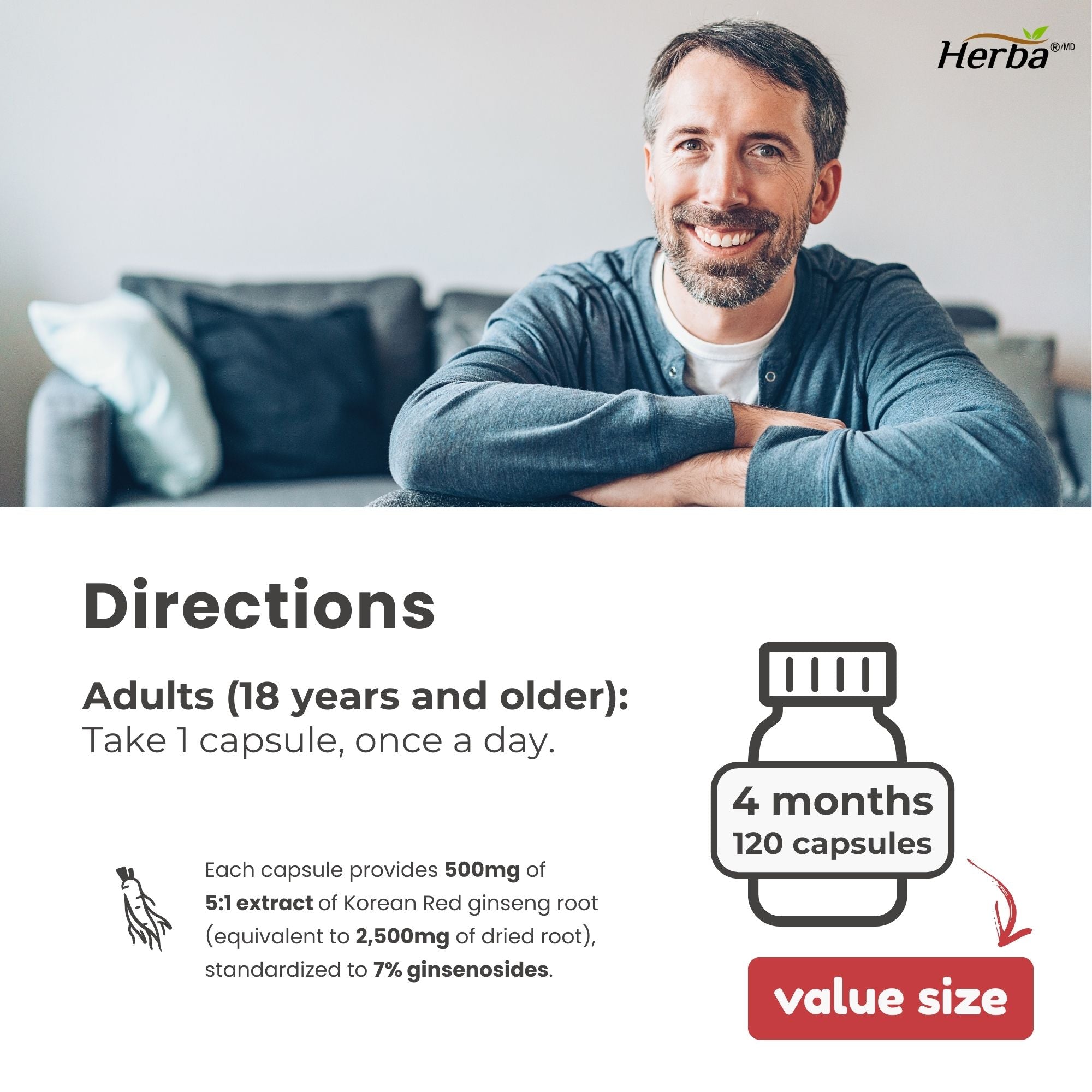 Korean Red Ginseng Extract Capsules – 5:1, 2500mg Equivalent | 120 Vegetable Capsules