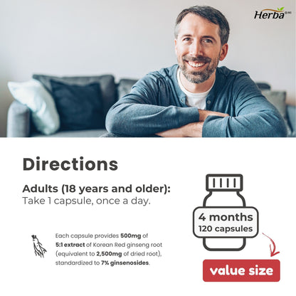 Korean Red Ginseng Extract Capsules – 5:1, 2500mg Equivalent | 120 Vegetable Capsules