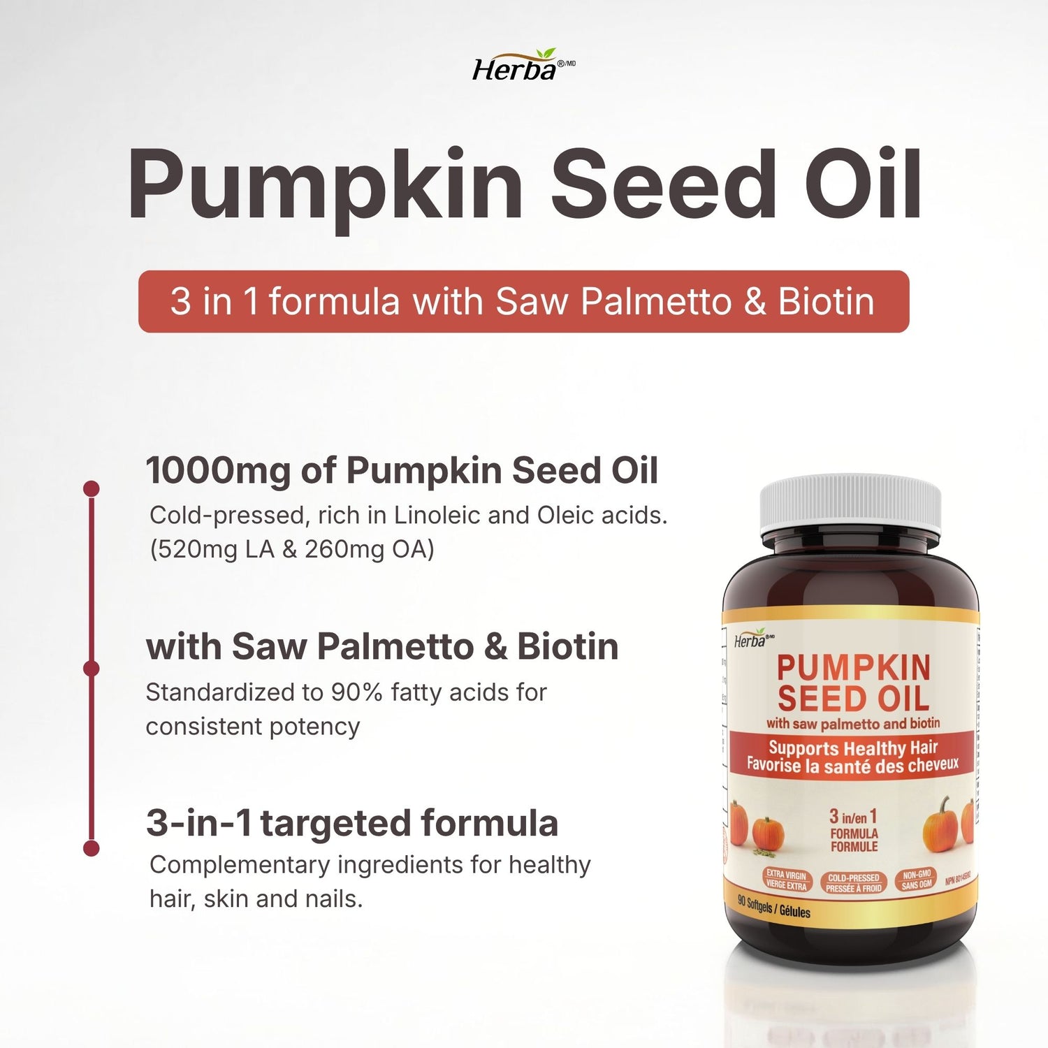 Pumpkin Seed Oil Capsules for Hair - 90 Softgels | 3 in 1 with Saw Palmetto and Biotin | Made in Canada