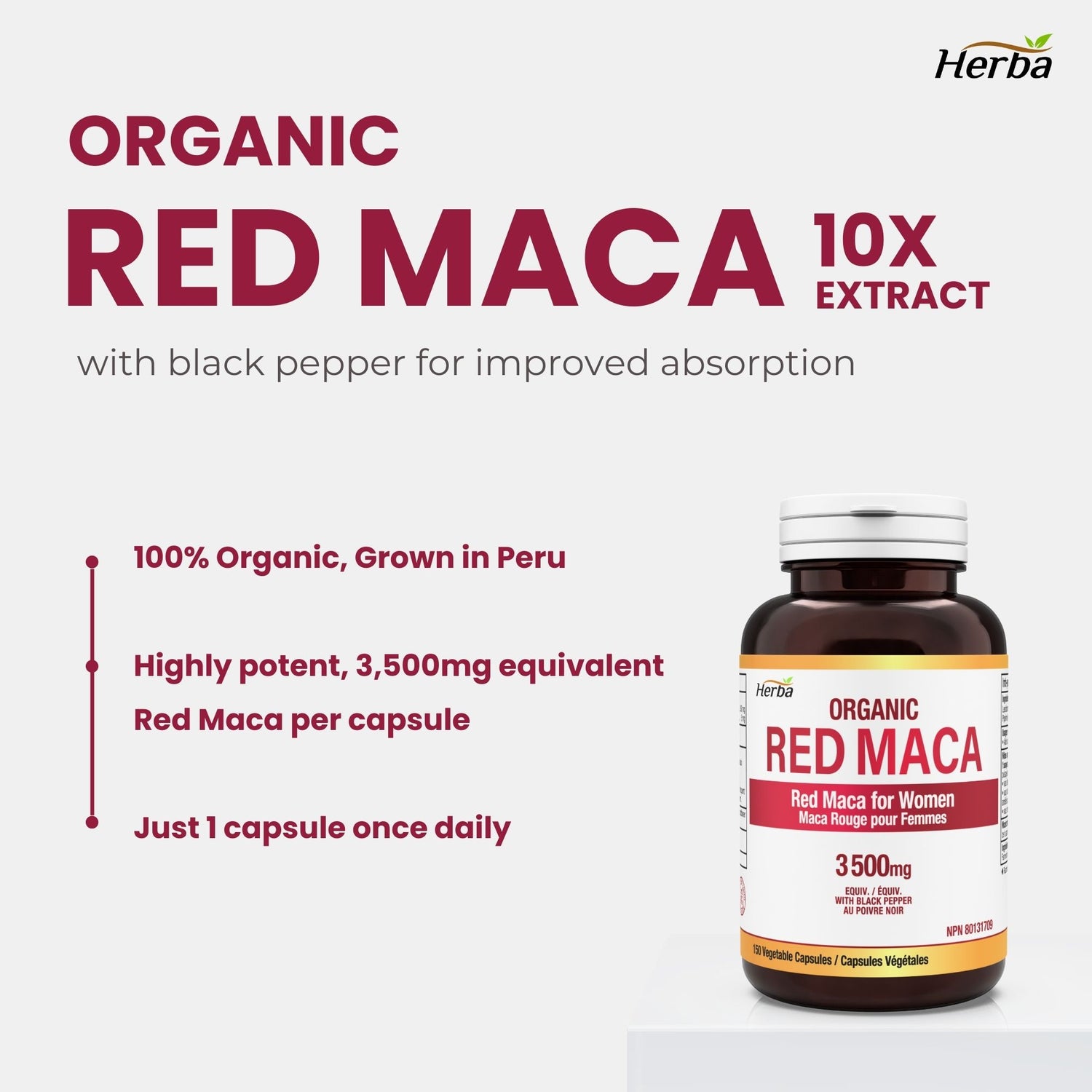 Organic Red Maca Capsules - 3500mg, 180 Capsules | Peruvian Red Maca | Made in Canada