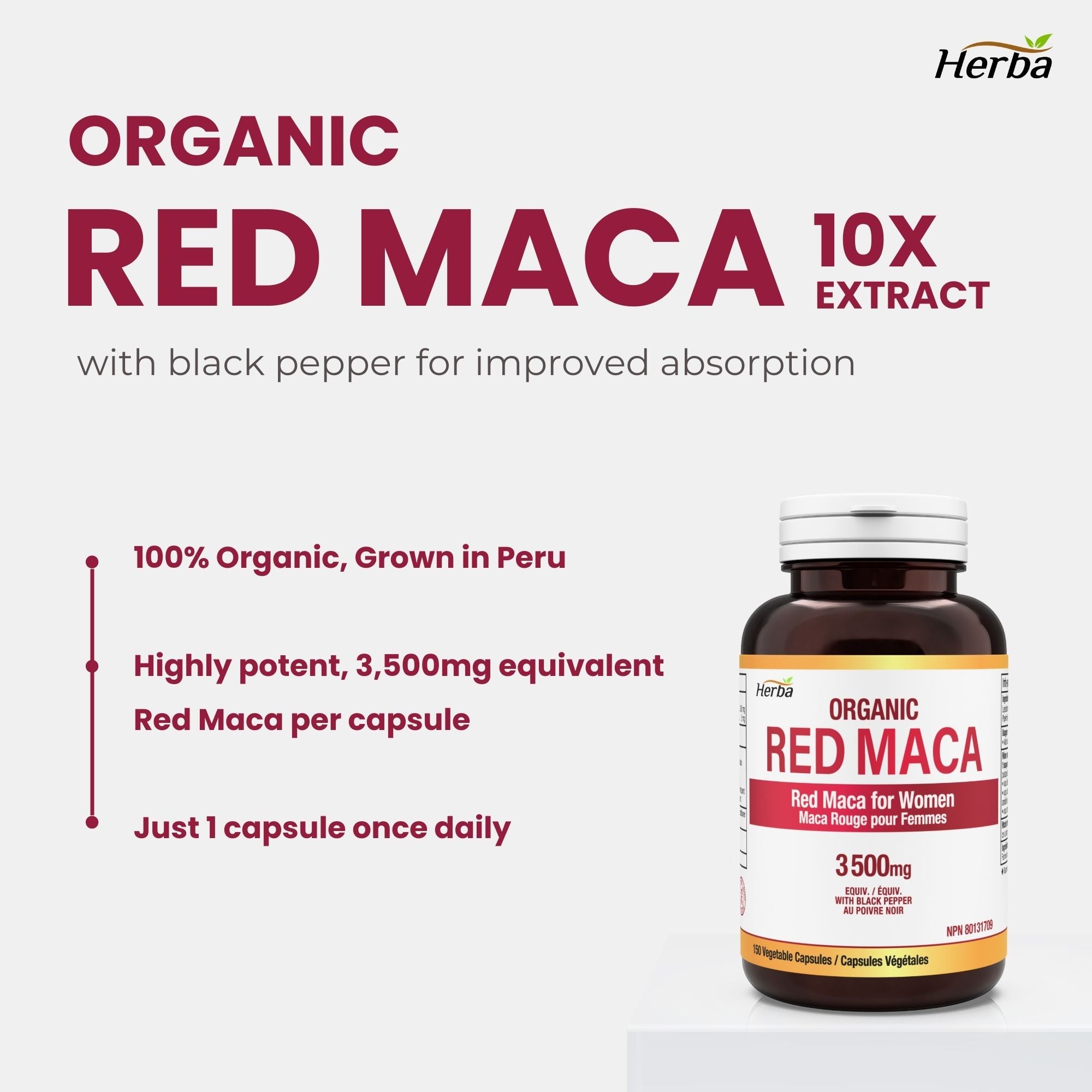 Organic Red Maca Capsules - 3500mg, 180 Capsules | Peruvian Red Maca | Made in Canada