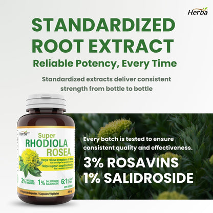 Rhodiola Rosea Supplement 200mg - 90 Vegetable Capsules | Made in Canada – 3% Rosavins and 1% Salidrosides